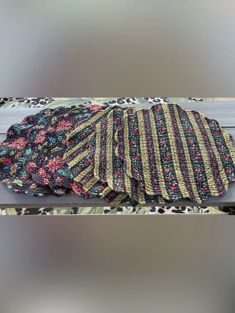 6 Quilted Floral Stripe Reversible Placemats with Matching Napkins Multi-color